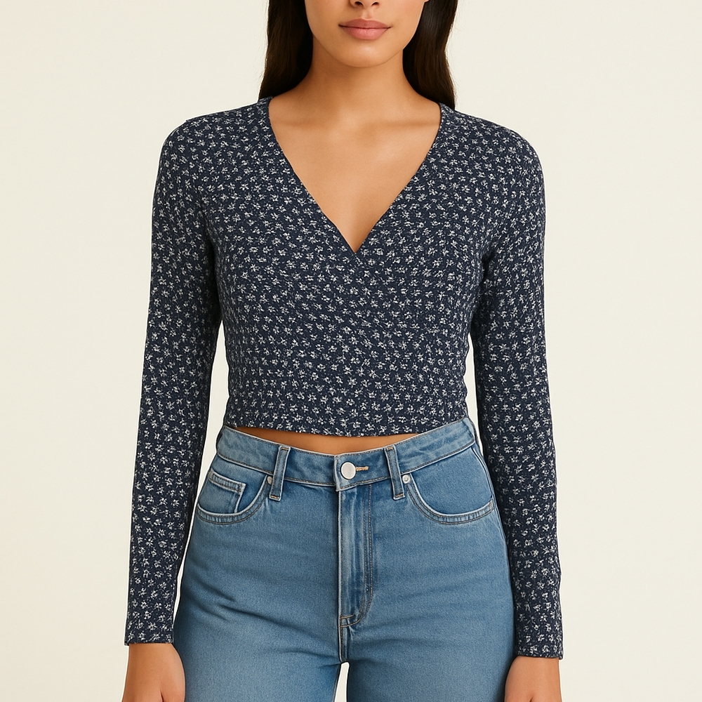 Brandy Melville Navy Floral Wrap Crop Top